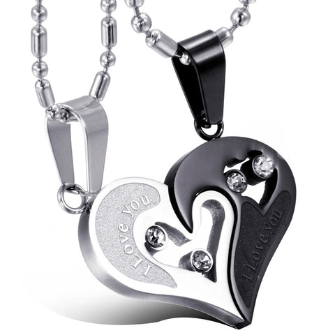 Boniskiss Valentine Love Gifts 2pcs His and Hers Heart Stainless Steel Pendant "I Love You" Promise Necklace Set (One Pair)
