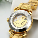 Boniskiss Luxury Gold Tone Stainless Steel Band Skeleton Automatic Mechanical Men's Wrist Watch