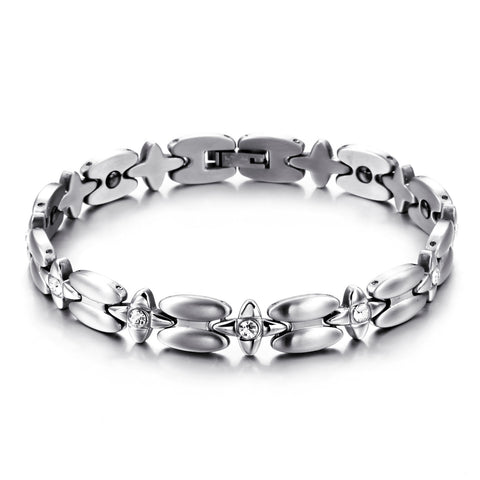Boniskiss New Silver Stainless Steel Magnetic Stone Cz Cross Chain Link Bracelet 8 Inch for Women