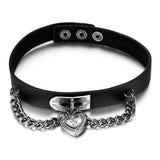 Boniskiss Collar Necklace Handmade Lock Heart Drop Pendant Black Leather Choker Necklace 15 inch for Women