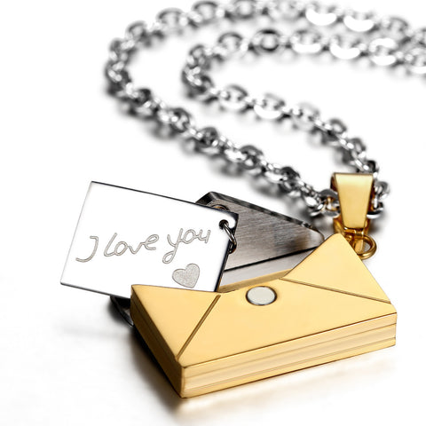 Boniskiss Men's I Love You Stainless Steel Envelope Love Letter Pendant Necklace Silver Gold Tone with 22 inch Chain