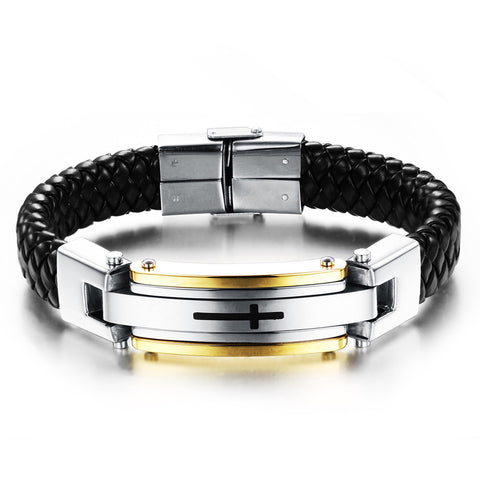 Boniskiss Fashion Stainless Steel Braided Leather Cross Bangle Bracelet Wristband for Men, Black Gold Silver