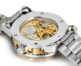 Boniskiss Golden Skeleton Dial Hand-Wind Mechanical Mens Stainless Steel Watch