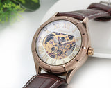 Boniskiss Classic Skeleton Mechanical Movement Wristwatch Brown Leather Business Mens Watch