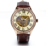 Boniskiss Classic Skeleton Mechanical Movement Wristwatch Brown Leather Business Mens Watch