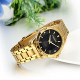 Boniskiss Golden Stainless Steel Mens Wrist Watch for Man Black Dial with Rhinstones