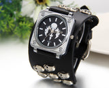 Boniskiss Halloween Gift Leathernk Rock Collection Black Heavy Mens Skull Leather Strap Band Watch