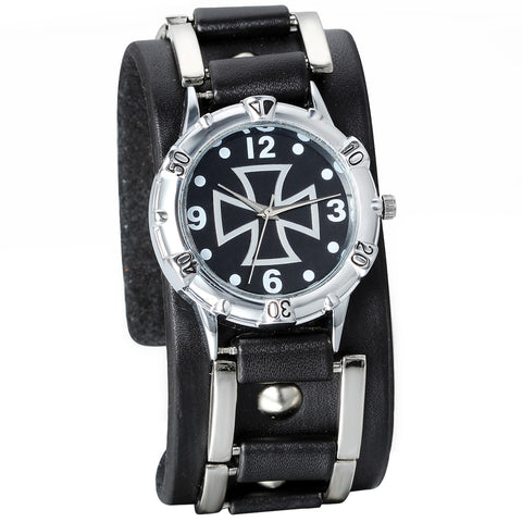 Boniskiss Unisex Leathernk Rock Collection Cross Pattern Black Wide Leather Cuff Band Watch