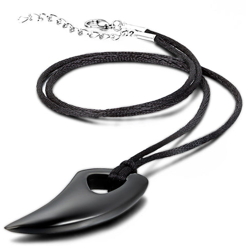 Boniskiss Father's Day Gift Stainless Steel Pendant Necklace Black Wolf Tooth Spear Tribal Men, with Adjustable Cord
