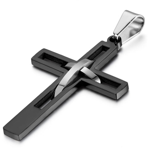 Boniskiss Men's Stainless Steel Pendant Necklace Black Silver Cross Hollow Openwork Vintage Polished with 21.3 inch Chain