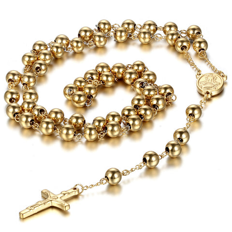 Boniskiss New Gold Stainless Steel Rosary Beads Necklace with Crucifix Cross Pendant 36.6 Inch Chain, 8mm Beads