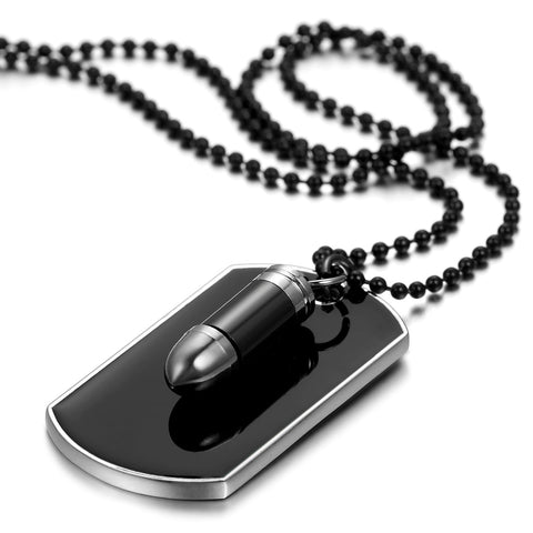 Boniskiss Army Style Mens Cross Bullet Dog Tag Pendant Necklace with 27.5 Inch Chain Black Silver