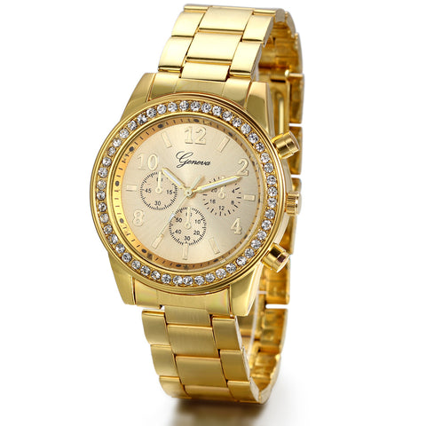 Boniskiss Unisex Women's Rhinestone Accented Gold-Tone Bracelet Watch with Stainless Steel Band