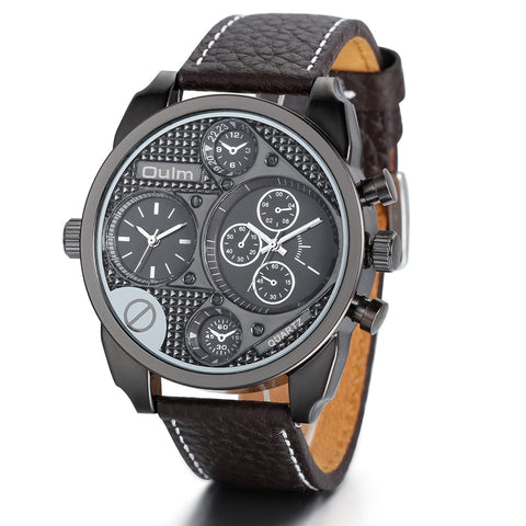 Boniskiss Luxury Men Dual Time Zones Round Dial Coffee Leather Band Quartz Analog Wrist Watch Army Style Sports Watches