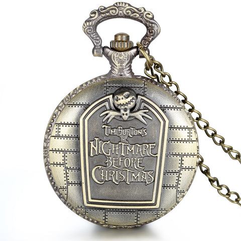 Boniskiss Retro Bronze Tim Burton's Nightmare before Christmas Engraved Quartz Pocket Watch Necklace Locket Pendant 31 Inch Chain