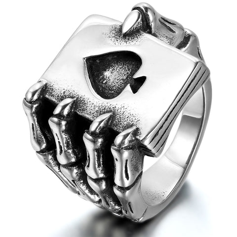 Boniskiss Mens Stainless Steel Ring Gothic Skull Hand Claw Poker Playing Card Black Silver