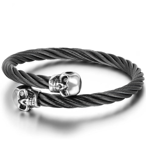 Boniskiss Elastic Adjustable Mens Skull Bangle Bracelet Steel Twisted Cable Cuff Bracelet Silver Black