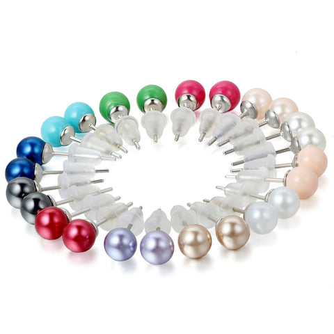 Boniskiss Mixed Colors Stainless Steel Womens Earrings Studs Pearl Ball Beads Colorful Earrings 12 Pairs Hypoallergenic
