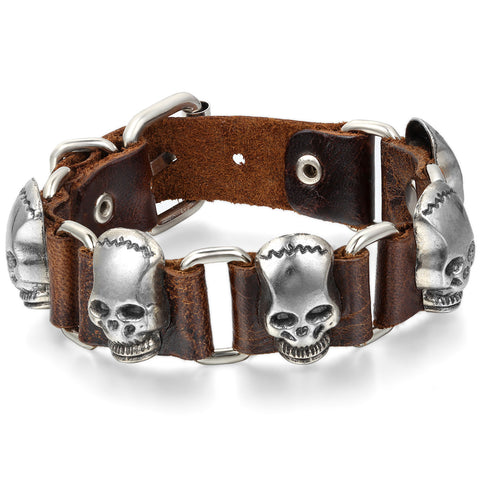 Boniskiss Rock Punk Large Skull Bracelet Leather Clasp Cuff Bangle Silver Valentine Day Gift