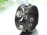 Boniskiss Mens Gothic Pirate Skull Charm Black Leather Bracelet Biker Halloween Jewelry