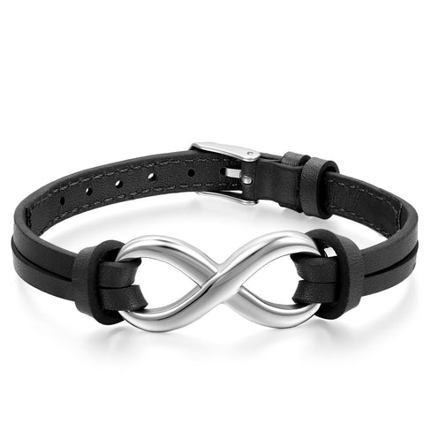 Boniskiss Stainless Steel Infinity Love Charm Leather Bracelet for Men Women Adjustable Fit 7 - 8.3 inch Black Brown White
