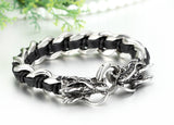 Boniskiss Gift for Dad Mens Stainless Steel Dragon Curb Chain Bracelet Interwoven with Black Genuine Leather Strap
