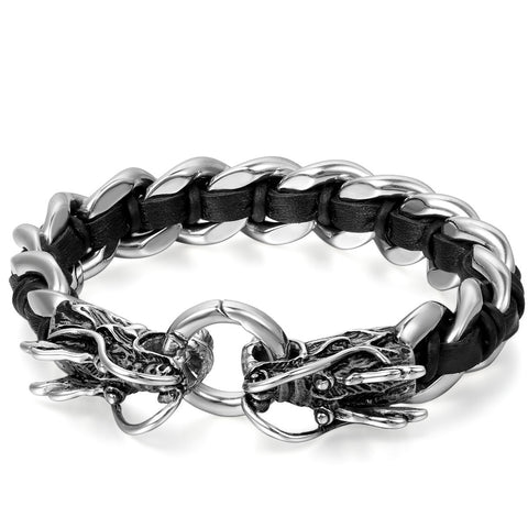Boniskiss Gift for Dad Mens Stainless Steel Dragon Curb Chain Bracelet Interwoven with Black Genuine Leather Strap