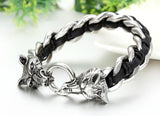 Boniskiss Fathers Day Gift Stainless Steel Mens Wolf Head Curb Chain Bracelet Interwoven with Black Genuine Braided Leather