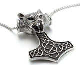 Boniskiss Stainless Steel Celtic Knot Wolf Thor Hammer Pendant Necklace for Men, 22" Chain, Silver Black Colour