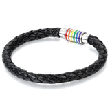 Boniskiss Mens Womens Black Leather Rainbow Gay Pride Bracelet 8.7in Stainless Steel
