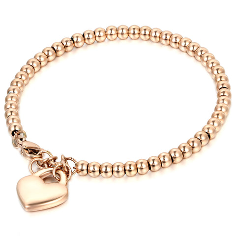 Boniskiss Women's Stainless Steel Bead Chain Bracelet with Heart Charm Adjustable