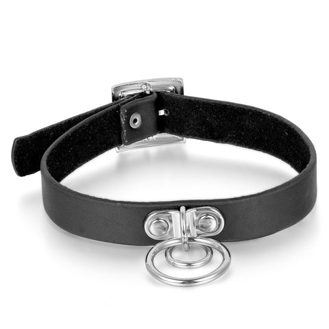 Boniskiss Punk Gothic Handmade Double O Ring Leather Collar Necklace Adjustable