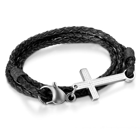 Boniskiss Unique Stainless Steel English Bible Lords Prayer Cross Leather Bangle Cuff Bracelet for Men