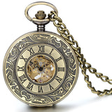 Boniskiss Antique Bronze Hollow Case Retro Roman Numerals Dial Mechanical Pocket Watch Necklace Pendant
