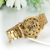 Boniskiss Luxury Gold Tone Stainless Steel Band Skeleton Automatic Mechanical Men's Wrist Watch