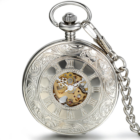 Boniskiss Silver Half Hunter Classic Hand Wind Mechanical Roman Pocket Watch with 15 Inches Chain