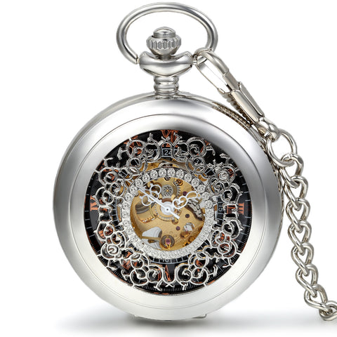 Boniskiss Classic Silver Hollow Floral Carved Roman Numerals Mechanical Pocket Watch with 15 Inch Chain