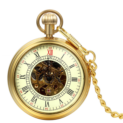 Boniskiss Men Open Face Gold Tone Skeleton Hand Wind Mechanical Pocket Watch Roman Numbers 13.8 Inch Chain