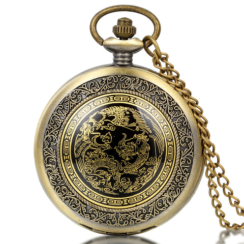 Boniskiss Men Women Retro Bronze Quartz Dragon and Phoenix Pocket Watch Necklace with 31.5 Inch Chain