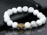 Boniskiss 10mm White Turquoise Beads Buddhist Bracelet Religious Hand Chain with Buddha Head Gold