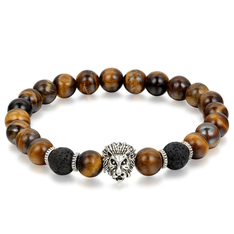 Boniskiss 8mm Tiger Eye Beads Buddhist Bracelet Buddha Mala Wrist Chain with Lion