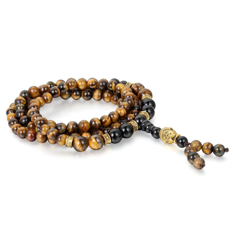 Boniskiss 6mm Tiger Eye Beads Buddhist Bracelet Buddha Mala Wrist Chain with Buddha Head
