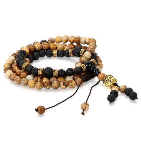 Boniskiss 6mm Lava Rock Stone Beads Buddhist Bracelet Wrap with Buddha Head